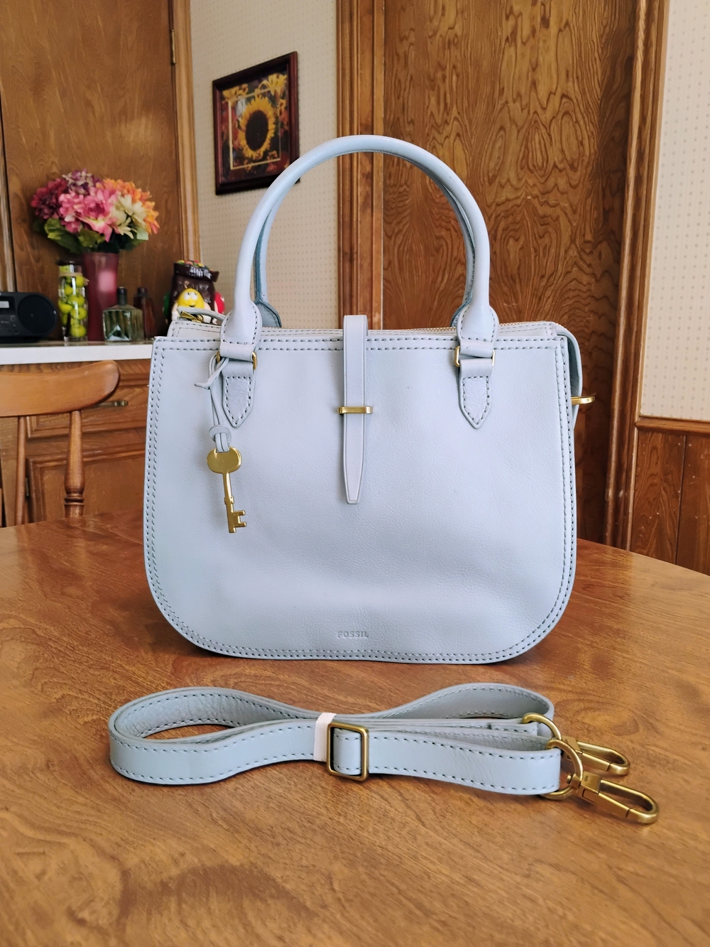 Fossil Ryder Light Blue Steel Gray Leather Satchel Handbag With Crossbody Strap